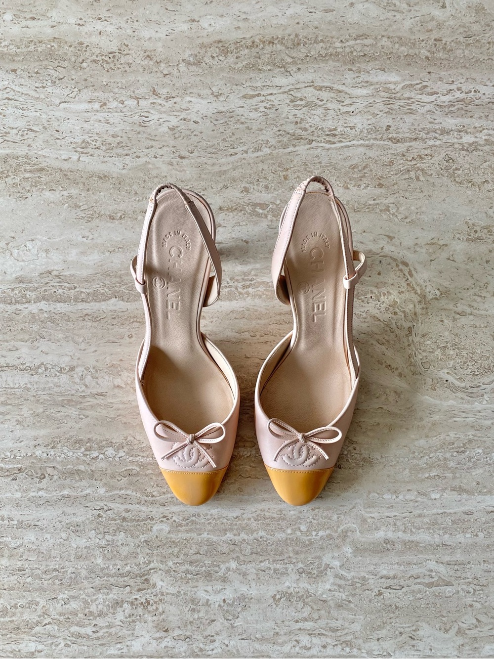 Vintage Chanel CC Bow Cap Toe Slingback Heels